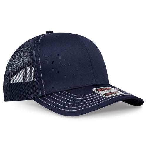 Navy blue mesh trucker hat with contrast stitching on a solid white background.