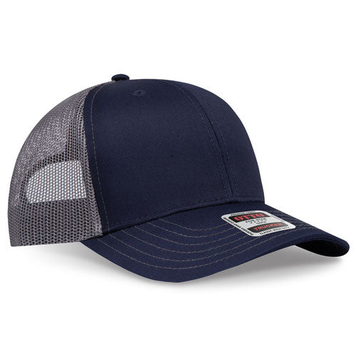 Navy blue crown and visor with charcoal gray mesh back trucker hat on a solid white background.