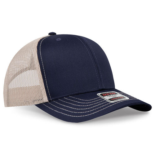 Navy blue crown and visor with khaki mesh back trucker hat on a solid white background.