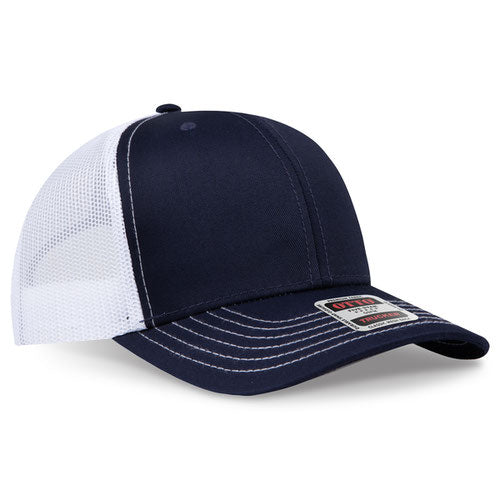 Navy blue crown and visor with white mesh back trucker hat on a solid white background.