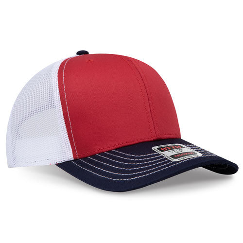 Navy blue, red, and white mesh trucker hat on a solid white background.