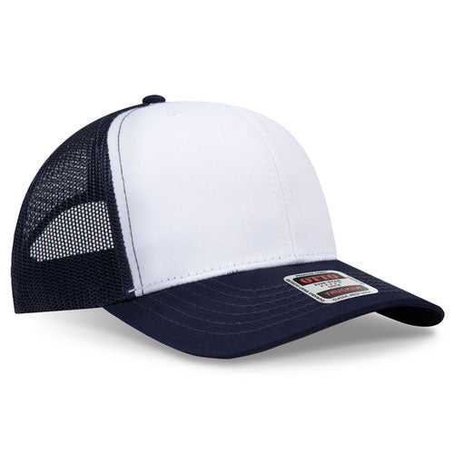 Navy blue and white mesh trucker hat on a solid white background.