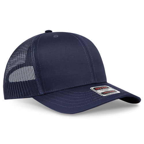 Navy blue mesh trucker hat on a solid white background.