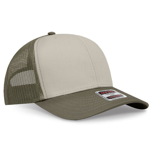 Olive green and light khaki mesh trucker hat on a solid white background.