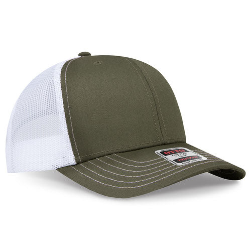 Olive green crown and visor with white mesh back trucker hat on a solid white background.