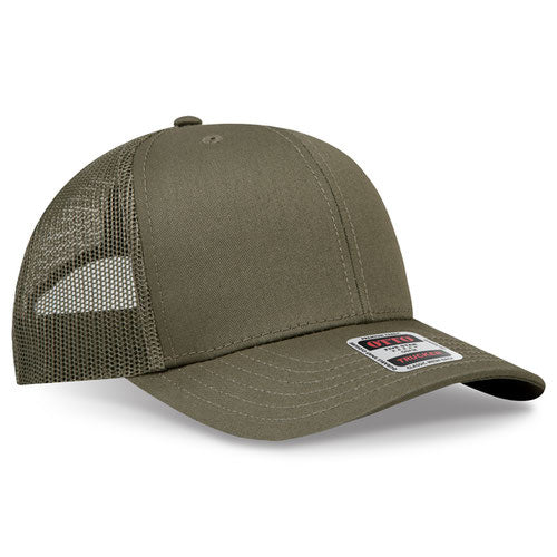 Olive green mesh trucker hat on a solid white background.