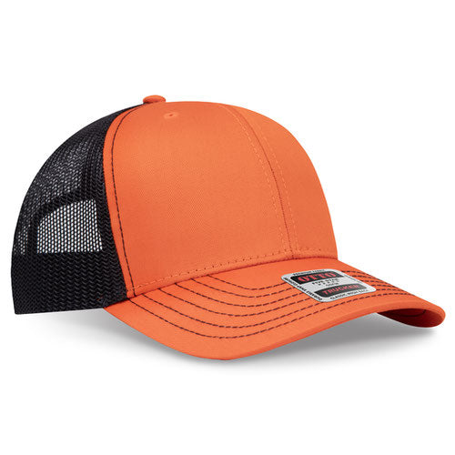 Orange crown and visor with black mesh back trucker hat on a solid white background.