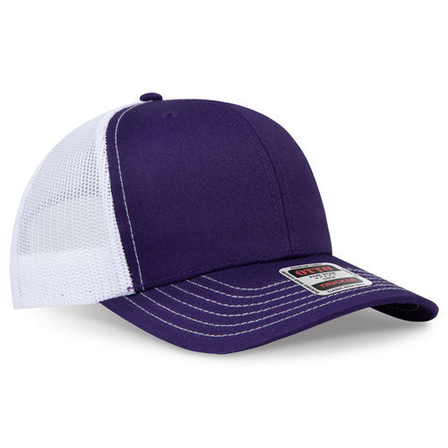 Purple crown and visor with white mesh back trucker hat on a solid white background.