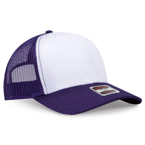 Purple and white mesh trucker hat on a solid white background.