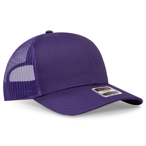 Purple mesh trucker hat on a solid white background.