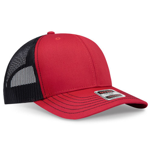 Red crown and visor with black mesh back trucker hat on a solid white background.