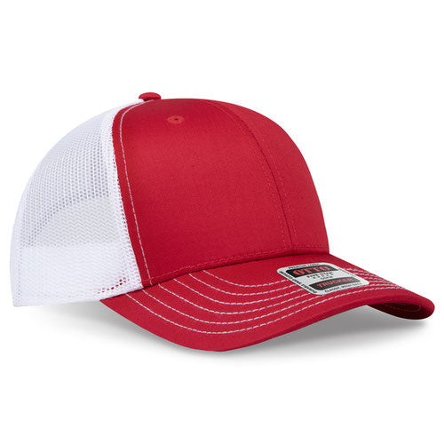 Red crown and visor with white mesh back trucker hat on a solid white background.