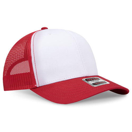 Red and white mesh trucker hat on a solid white background.