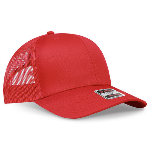 Red mesh trucker hat on a solid white background.
