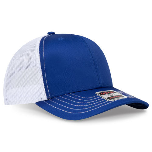 Royal blue crown and visor with white mesh back trucker hat on a solid white background.