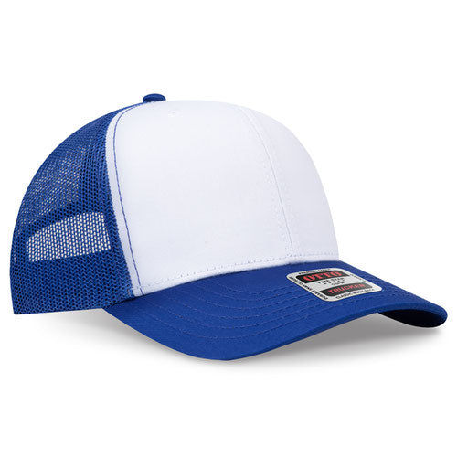 Royal blue and white mesh trucker hat on a solid white background.