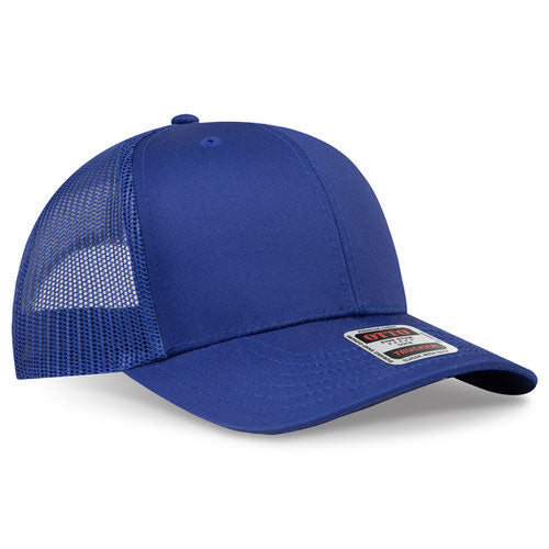 Royal blue mesh trucker hat on a solid white background.