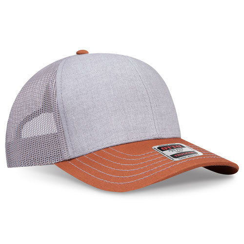 Texas orange, heather gray, and gray mesh trucker hat on a solid white background.