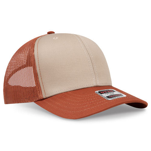 Texas orange and khaki mesh trucker hat on a solid white background.