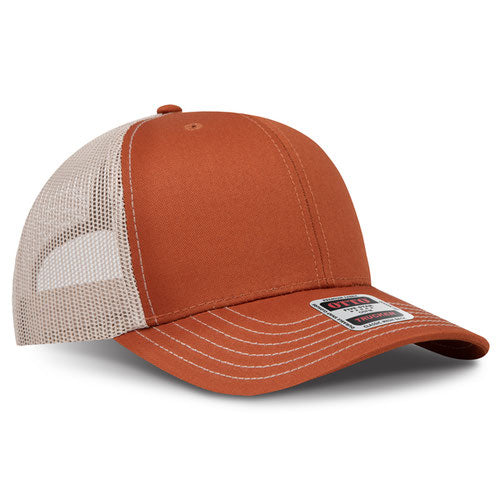 Texas orange crown and visor with khaki mesh back trucker hat on a solid white background.
