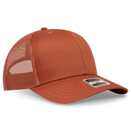 Texas orange mesh trucker hat on a solid white background.