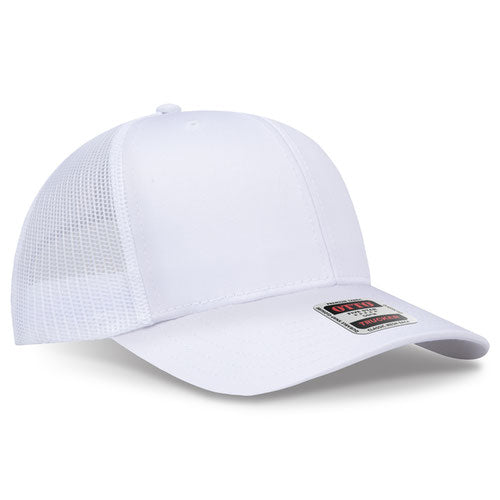 White mesh trucker hat on a solid white background.