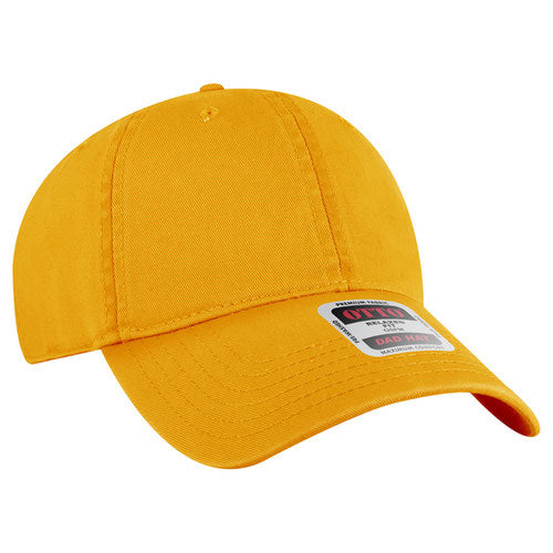 Gold low-profile dad hat on a solid white background.