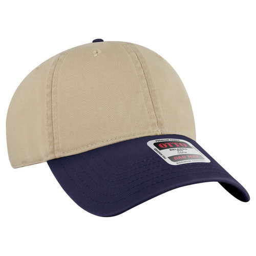 Navy and Khaki low-profile dad hat on a solid white background.