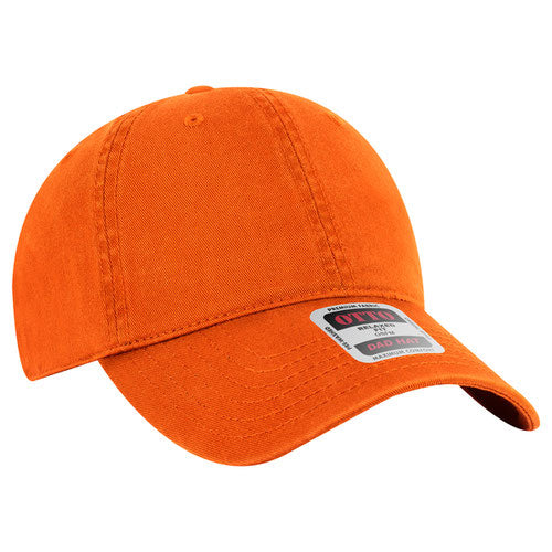 Orange low-profile dad hat on a solid white background.