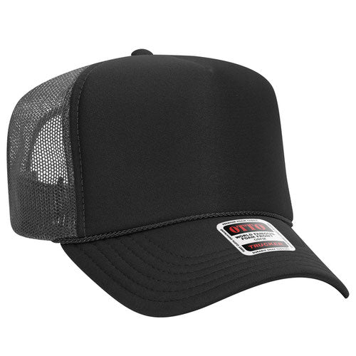 Black and Charcoal Gray high-crown mesh trucker hat on a solid white background.