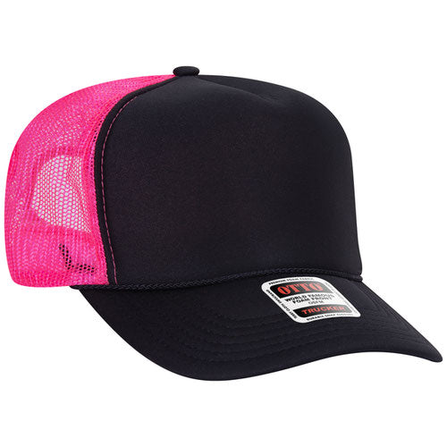 Black and Neon Pink high-crown mesh trucker hat on a solid white background.