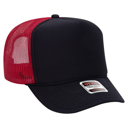 Black and Red high-crown mesh trucker hat on a solid white background.