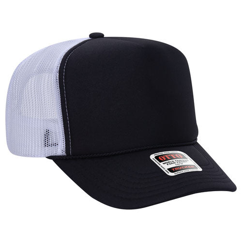 Black and White high-crown mesh trucker hat on a solid white background.