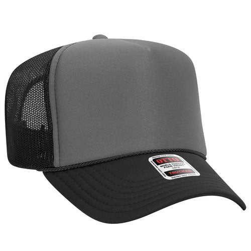 Black and Charcoal Gray high-crown mesh trucker hat on a solid white background.