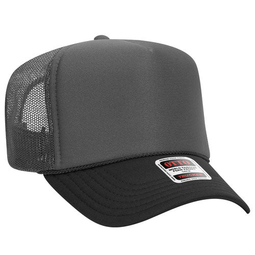 Black and Charcoal Gray high-crown mesh trucker hat on a solid white background.