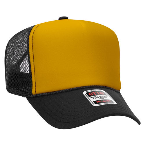 Black and Gold high-crown mesh trucker hat on a solid white background.