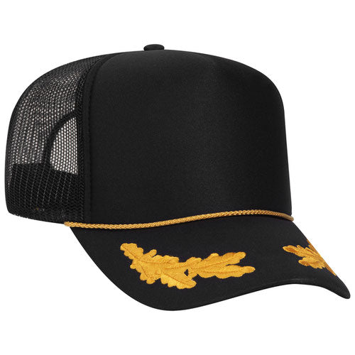Black and gold high-crown mesh trucker hat with multiple oak leaf details on a solid white background.
