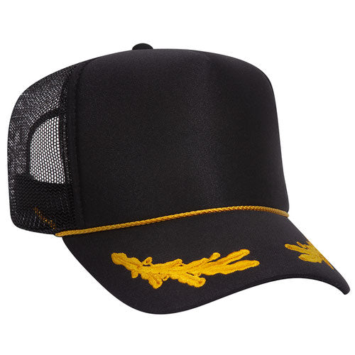 Black and gold high-crown mesh trucker hat with single oak leaf detail on a solid white background.