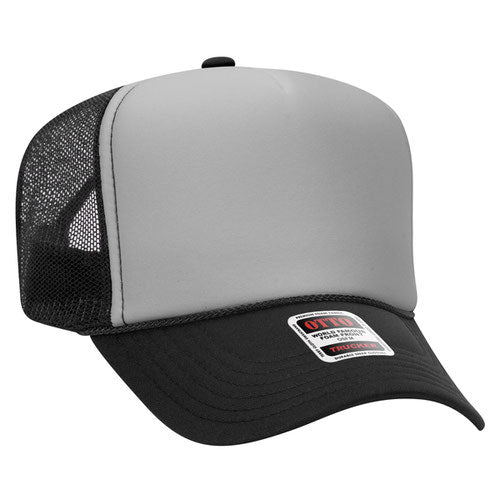 Black and Gray high-crown mesh trucker hat on a solid white background.