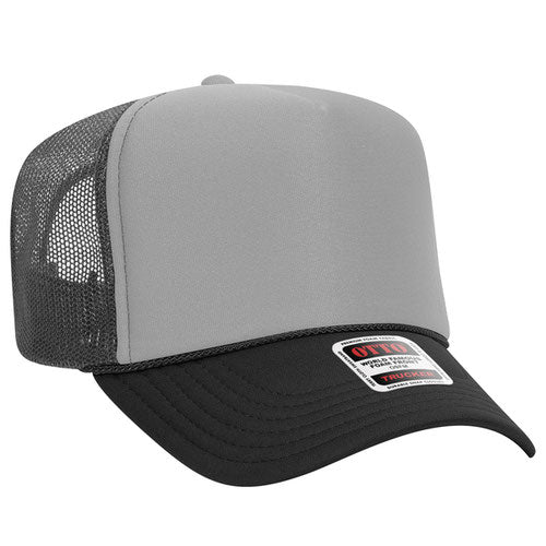 Black, Gray, and Charcoal Gray high-crown mesh trucker hat on a solid white background.