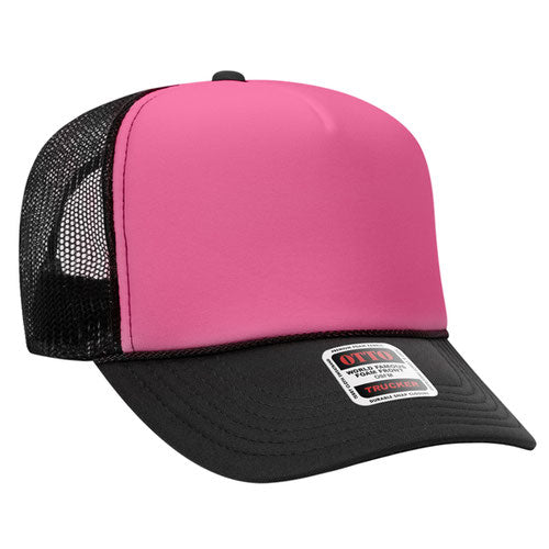 Black and Neon Pink high-crown mesh trucker hat on a solid white background.