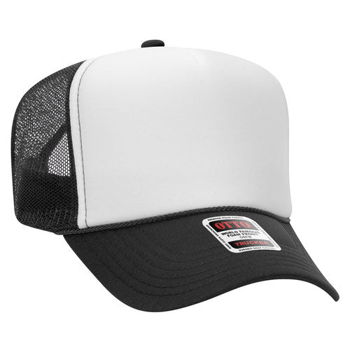 Black and White high-crown mesh trucker hat on a solid white background.