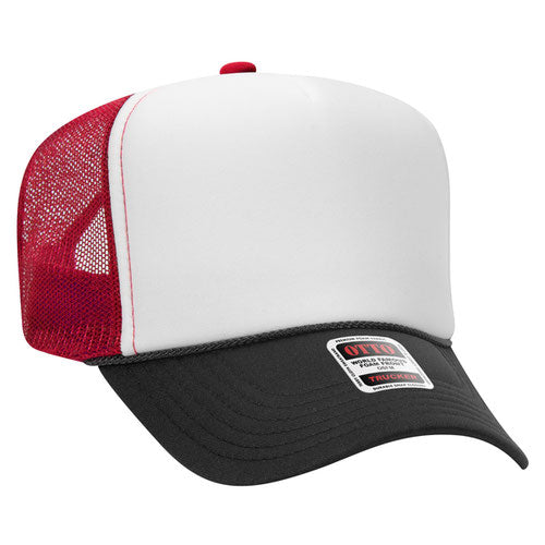Black, White, and Red high-crown mesh trucker hat on a solid white background.