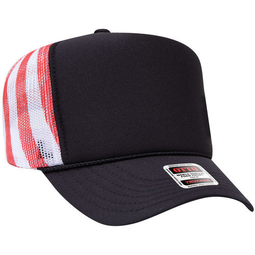 Black and White high-crown mesh trucker hat on a solid white background.