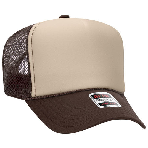 Brown and Tan high-crown mesh trucker hat on a solid white background.