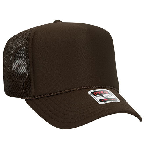 Brown high-crown mesh trucker hat on a solid white background.