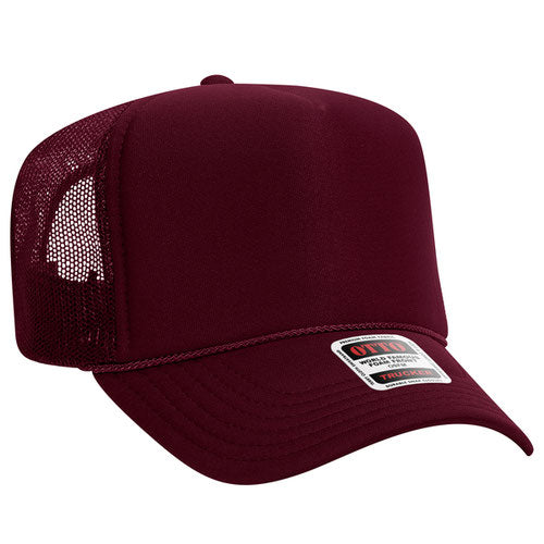 Burgundy Maroon high-crown mesh trucker hat on a solid white background.