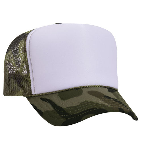 Camo and White high-crown mesh trucker hat on a solid white background.