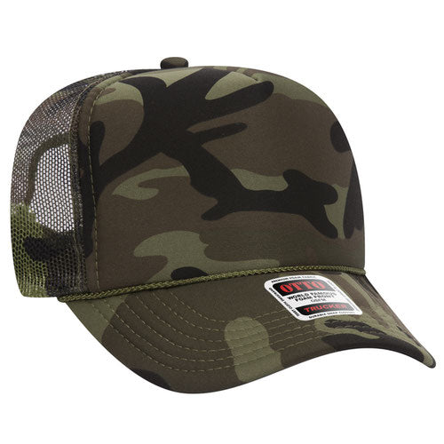 Camo high-crown mesh trucker hat on a solid white background.