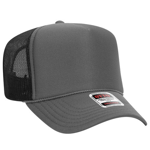 Charcoal Gray and Black high-crown mesh trucker hat on a solid white background.